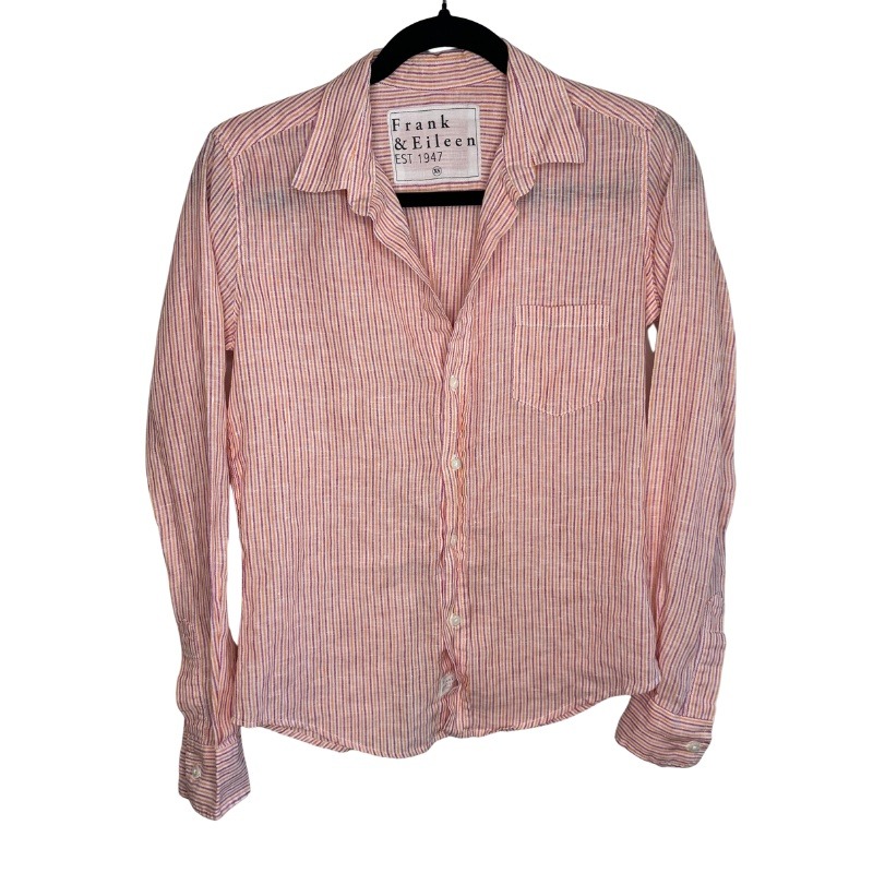 Frank & Eileen Barry Linen Button Down Shirt Orange Pink Striped Size Xs